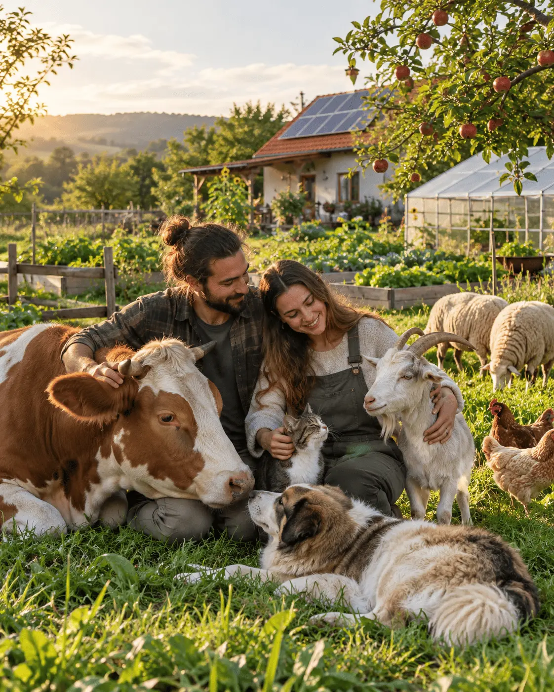 Imagine creată cu AI: A smiling couple sitting in a vegetable garden with a cow, a goat, a cat, sheep and hens