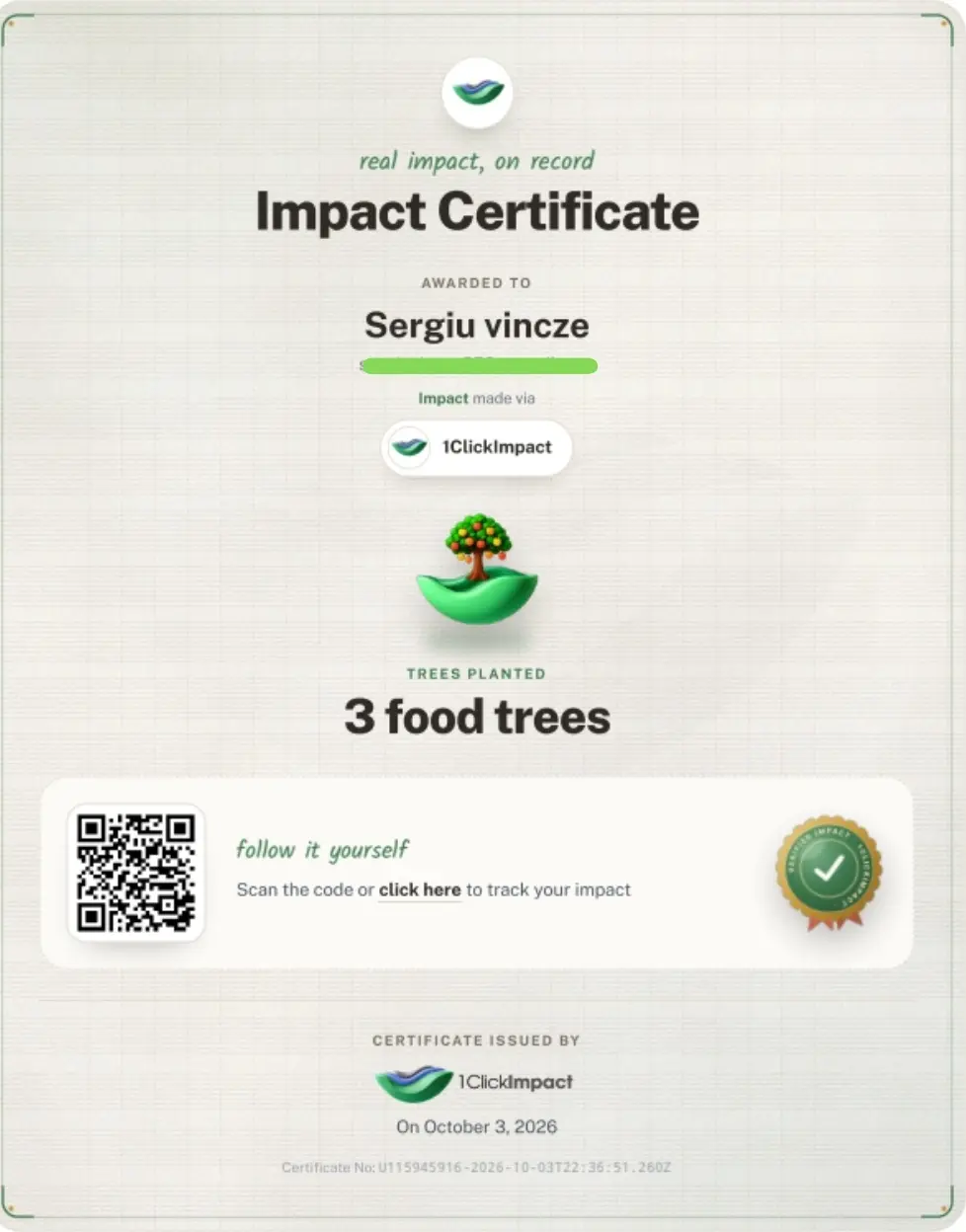 First 3 food trees planted, certificate from 1ClickImpact